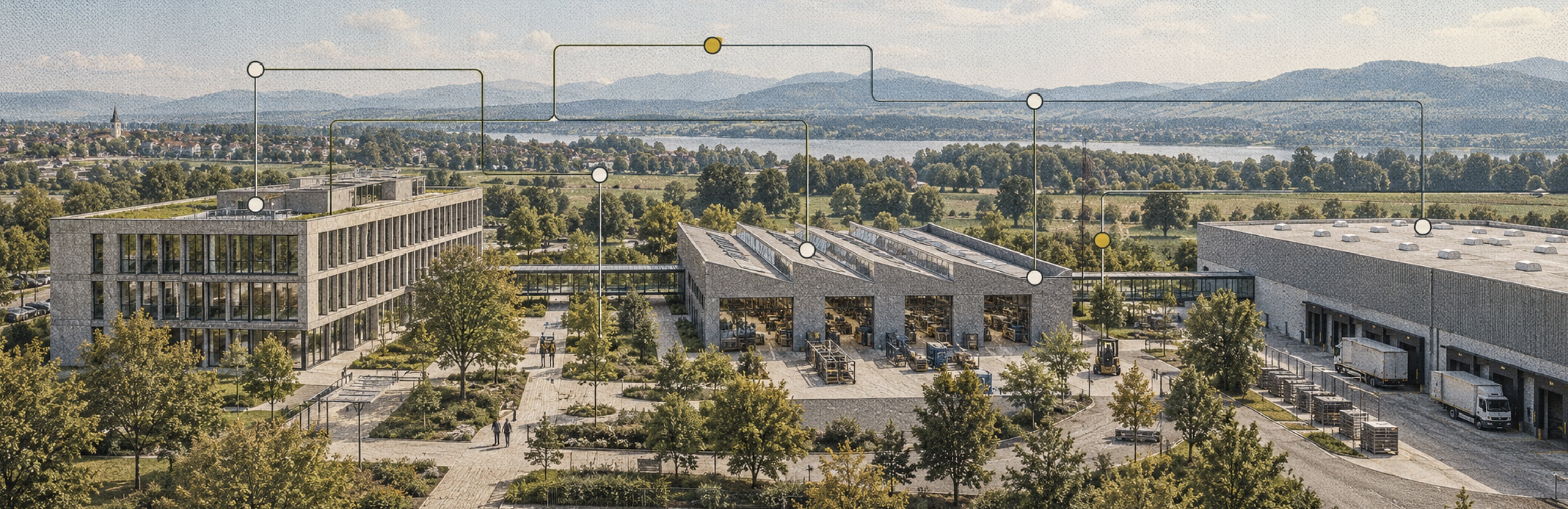 Illustrative company campus with offices, a workshop and logistics connected by a process map.